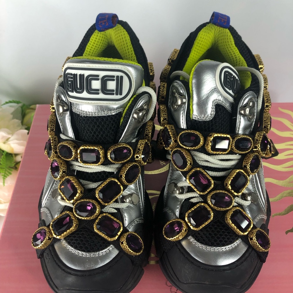 Authentic Gucci Flashtrek crystal-embellished metallic sneakers